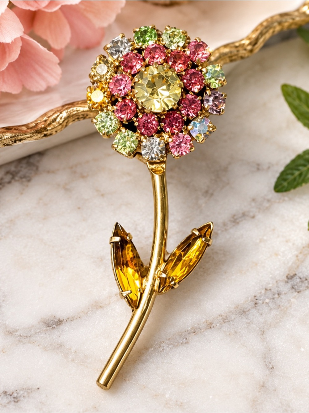 Vintage Gold Tone Multicolor Rhinestone Flower Brooch Pin